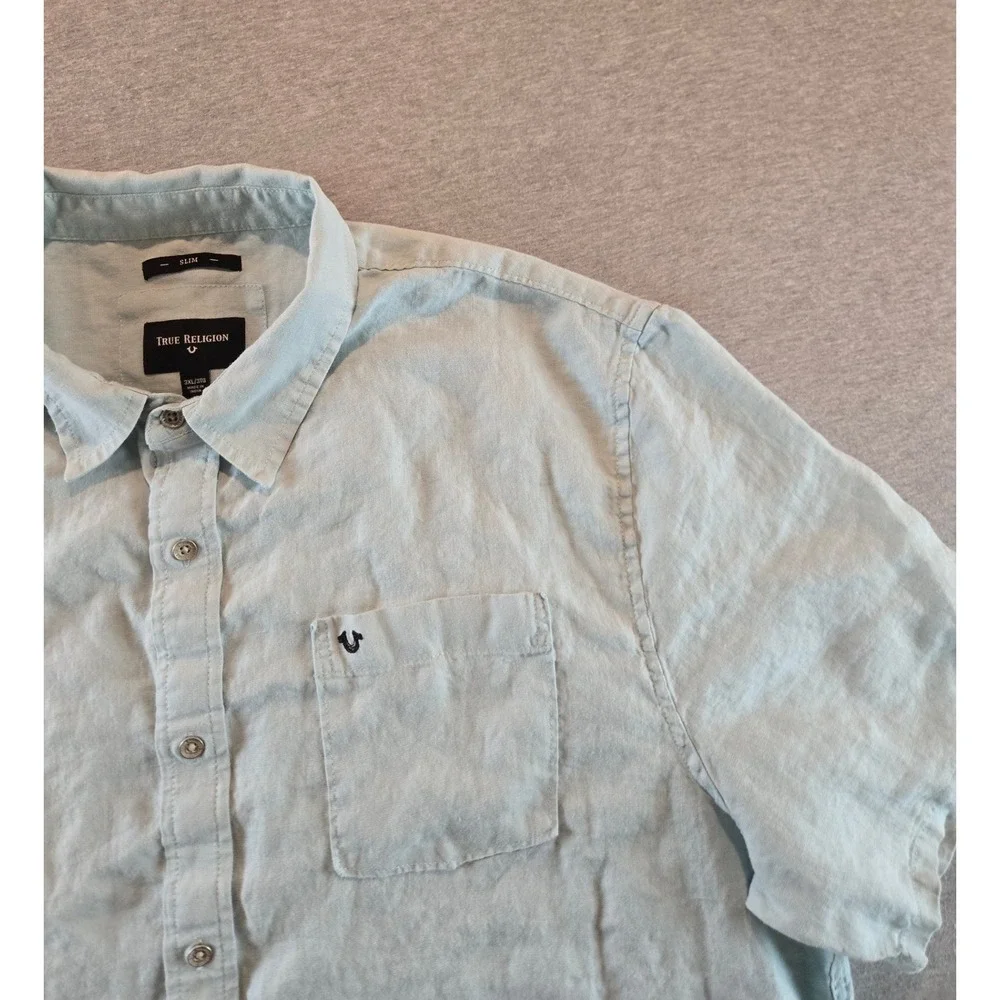 True Religion Shirt Mens 3XL Blue Linen Button Up Short Sleeve Slim Fit Resort